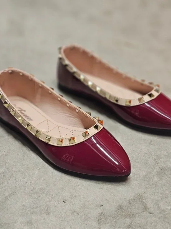 Studded Burgundy Patent Leather Flats With Pointed Toe & Quilted Insole - Picture 10 of 12
